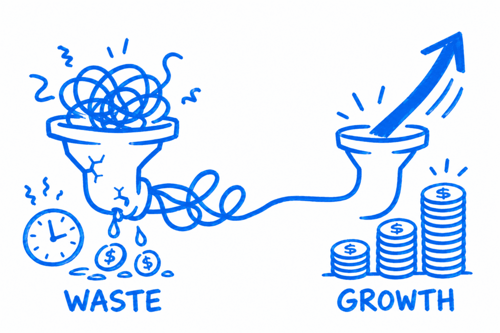 Blue line illustration showing food manufacturing waste and bottlenecks being cut to drive lean, profitable growth