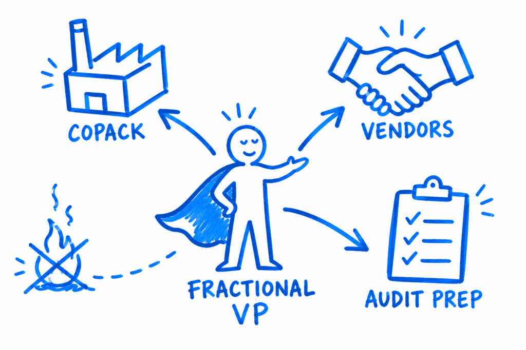 Blue line illustration of a fractional VP of operations connecting copack, vendor, and audit prep tasks