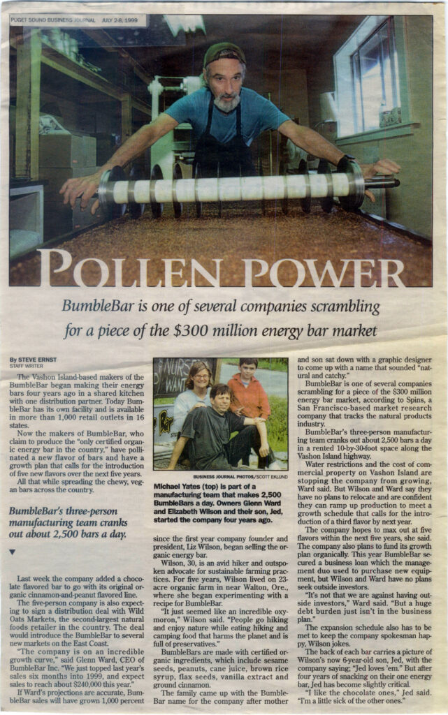 Newspaper feature on BumbleBar showing a team member hand-rolling energy bars, headlined Pollen Power
