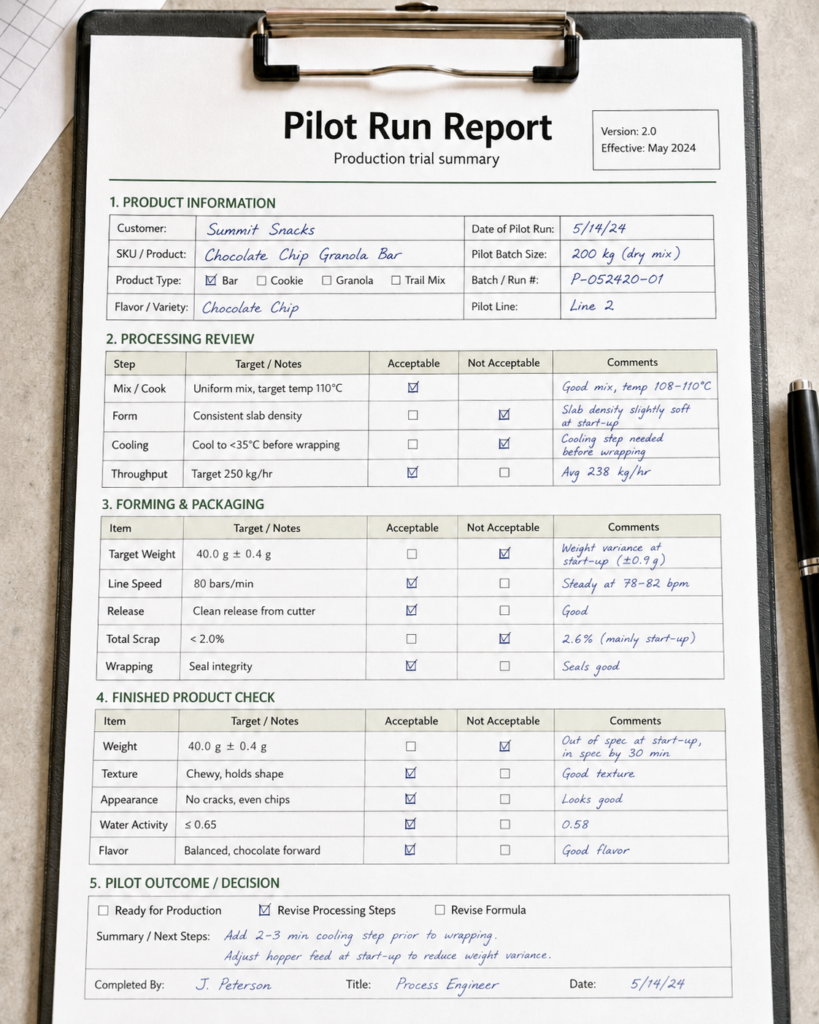 Sample pilot run report documenting a co-packer plant trial for a food product
