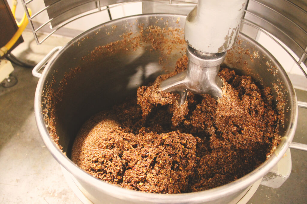 Chocolate mixture blending in a commercial stand mixer