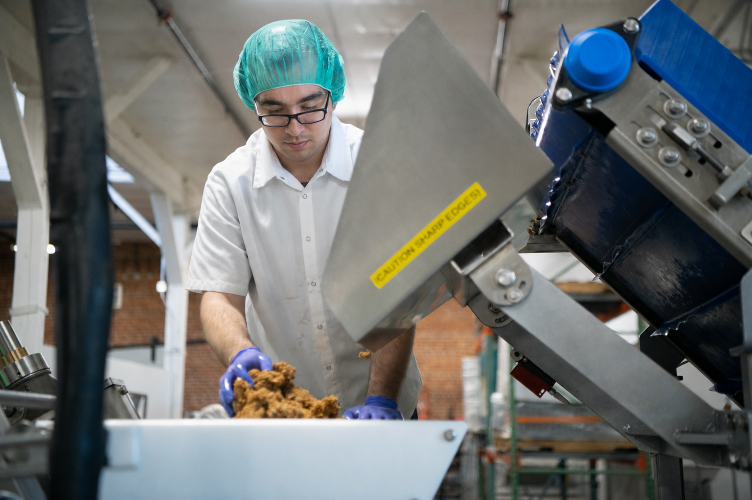Production worker filling a slab line hopper