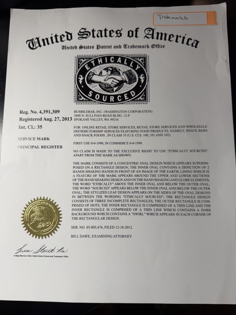 United States Patent and Trademark Office registration certificate for the BumbleBar Ethically Sourced mark