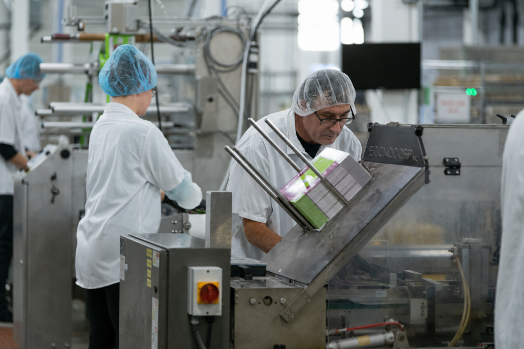 Production workers operating cartoning machines