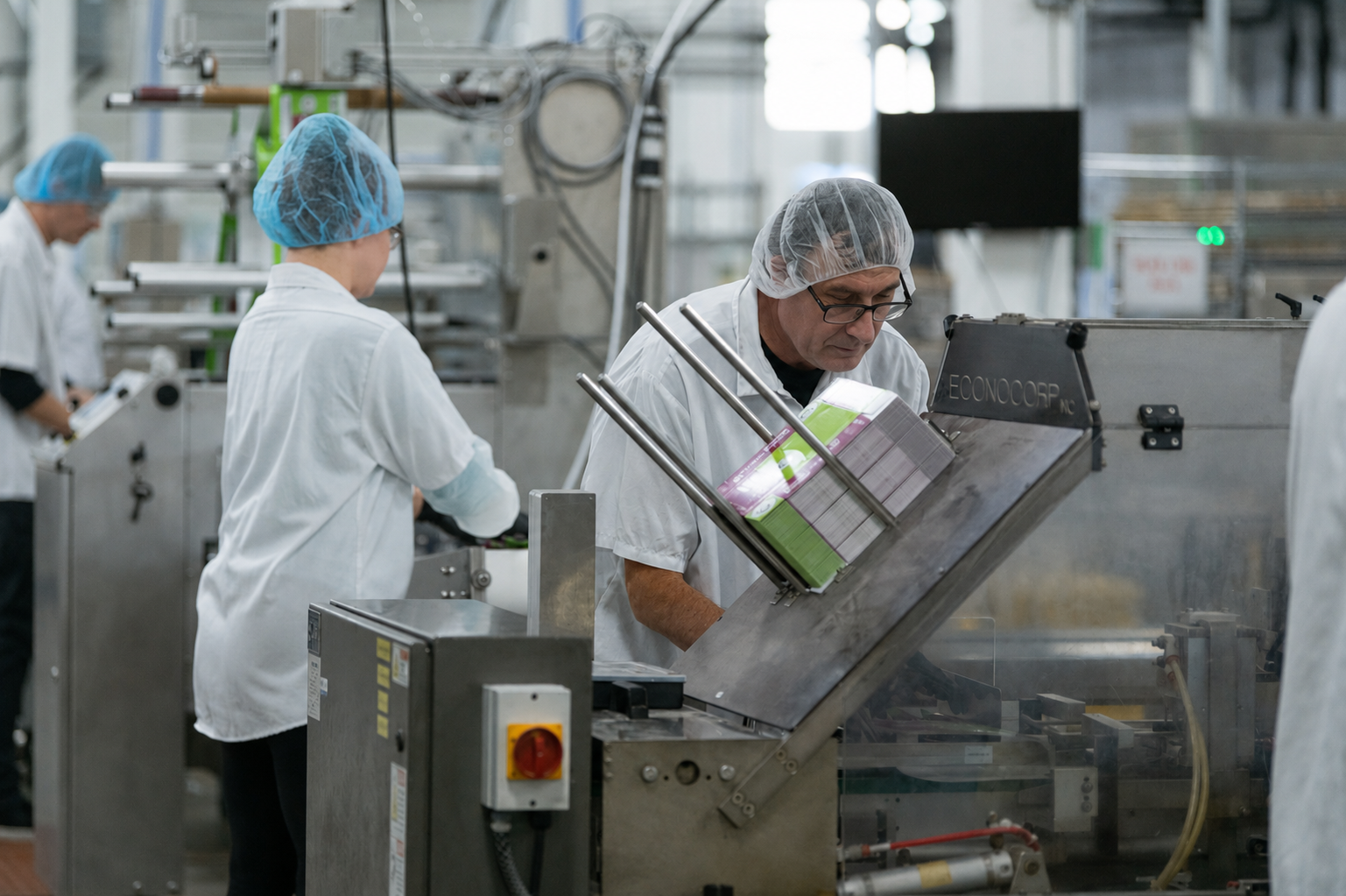 Production workers operating cartoning machines