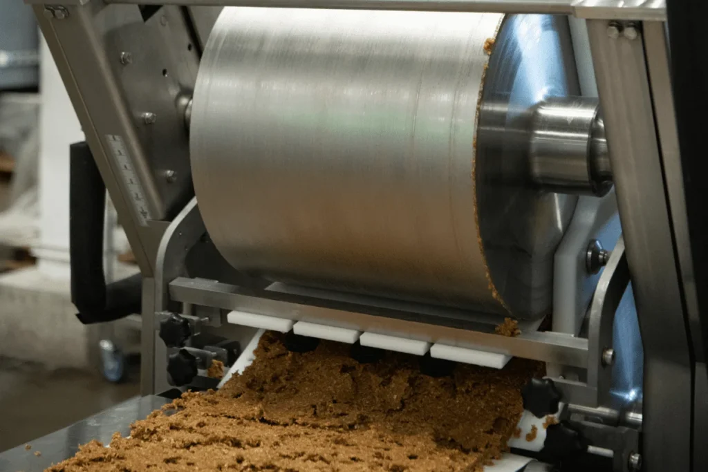 Closeup of a stainless steel forming cylinder extruding bar product onto a conveyor.