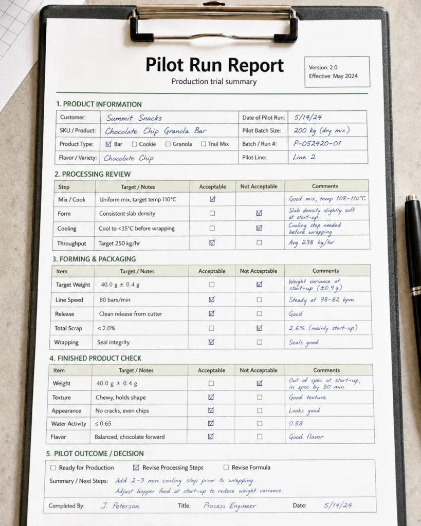 Sample pilot run report from a co-packer first run, prepared by Snackteva