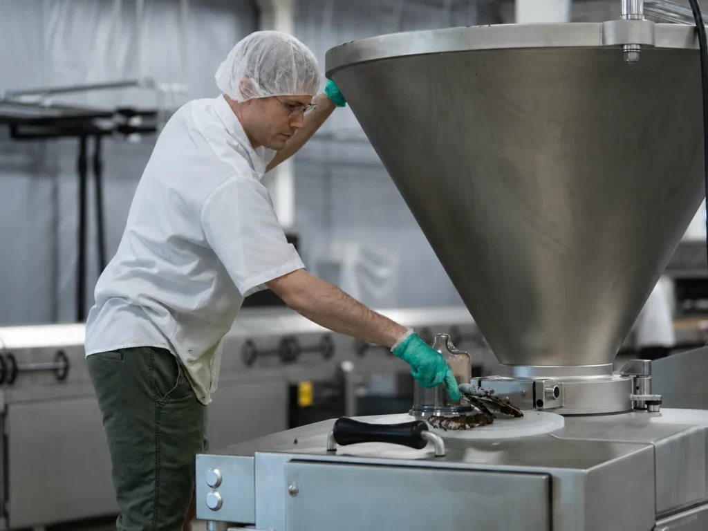 Food production worker in a hairnet operating a large stainless steel funnel hopper on a filling machine
